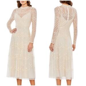 Mac Duggal NWT Nude Sequined Illusion High Neck Long Sleeve Midi Dress Size 10